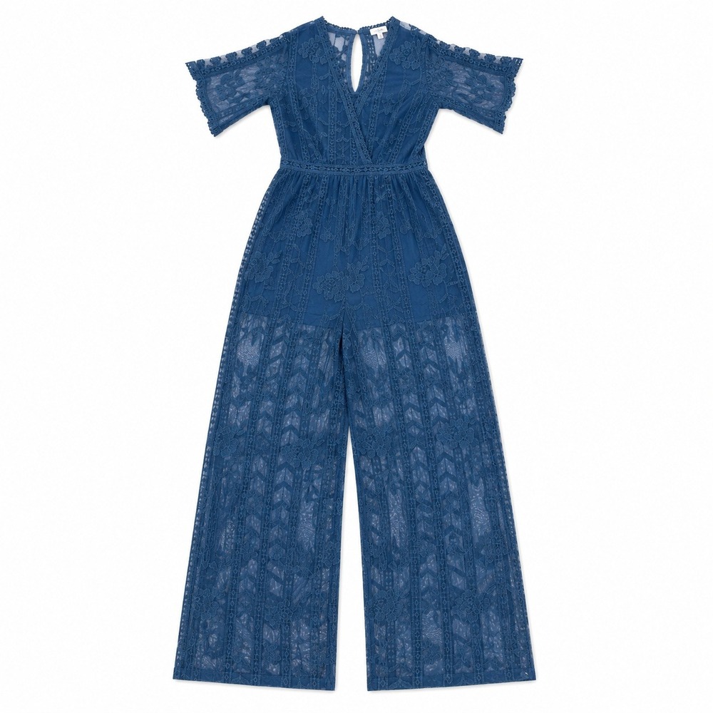 Socialite Lace Wide Leg‎ Jumpsuit Womens Size Small Teal Blue Boho Resortwear